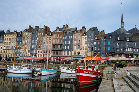 Honfleur, Normandy, France - Boats on the Quai Sainte-Catherine in the old harbour, Vieux Bassin,