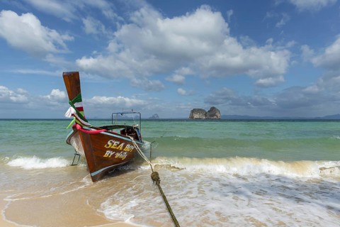 Longtail boat on the beach, Koh Ngai Island, Andaman Sea, Satun Province, Southern Thailand,