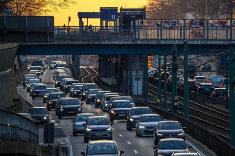 The A40 motorway, Ruhrschnellweg, in the city passage in Essen, evening traffic jam in both