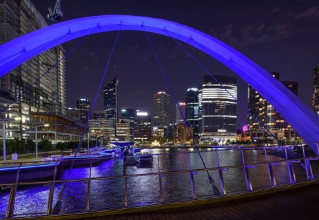 Skyline at Elisabeth Quay, blue hour, blue hour, harbour, Perth, State of Western Australia,