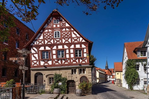The Kammerersmühle leaning house in Forchheim, Upper Franconia, Bavaria, Germany, Europe
