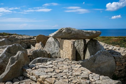 Plouhinec, Brittany, France - Dolmen tomb, dolmen of the Pointe du Souc'h at the information centre
