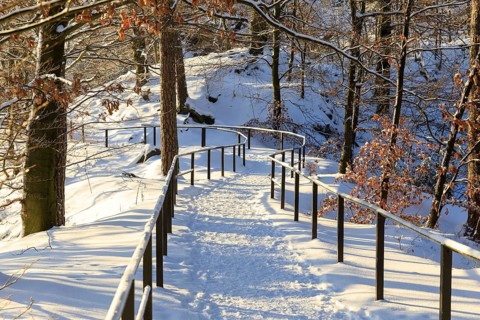 Snow-covered hiking trail on the Bastei, Saxon Switzerland, Saxony, Germany, Europe