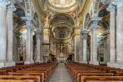 Interior of the Basilica of San Giovanni Battista in Finale Ligure, Riviera di Ponente, Liguria,