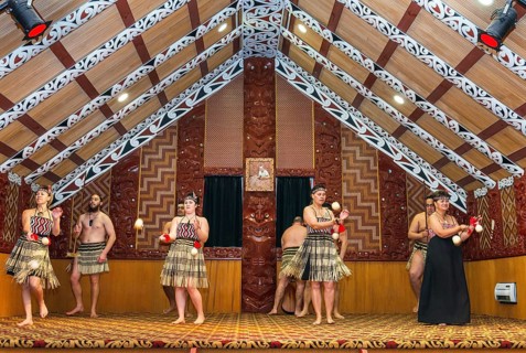 Maori welcome dance performance, Te Puia, Rotorua, Bay of Plenty, North Island, New Zealand,