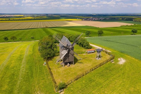 Aerial view of Liebschützberg with buck windmill, in the background the district of Laas, district