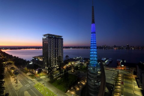 View of the Swan River from the city centre, blue hour, Perth, State of Western Australia,