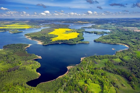 Aerial view over lake Schaalsee at Biosphärenreservat Schaalsee in spring, Schleswig-Holstein,