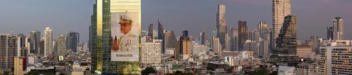 Panorama from the viewing platform of the Iconsiam on CAT Tower with huge billboard of the Thai