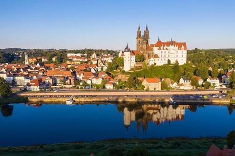 Aerial view of the old town with Church of Our Lady, St.Afra, Albrechtsburg, cathedral and Elbe,