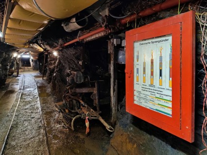 Underground, electric detonators in the Rammelsberg ore mine, UNESCO World Heritage Site, Goslar,