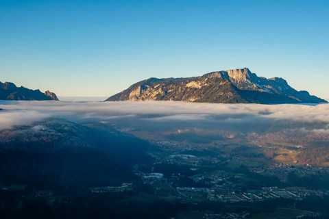 High fog cover over the valley basin of Berchtesgaden, above Lattengebirge and Untersberg,