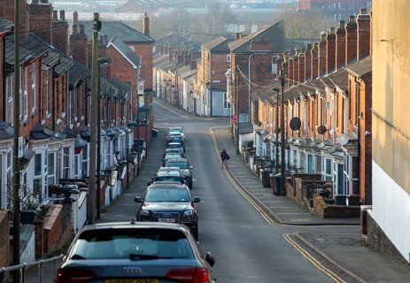 Victorian terraced housing with small front gardens, Vine Street, inner city of Lincoln,