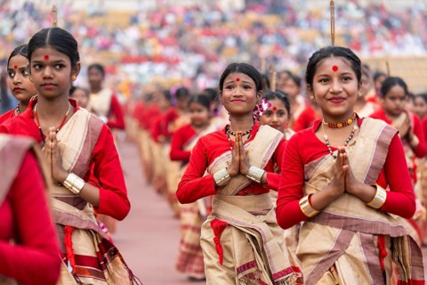 Students arrives to perform Bihu dance as they participate in Samutkarsh Mahashivir organised by