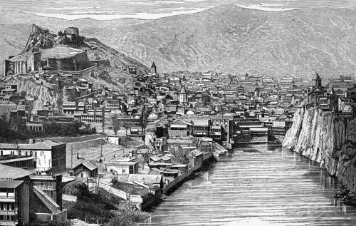 Cityscape of Tbilisi, Georgian capital, metropolis, old town, water, dense buildings, church