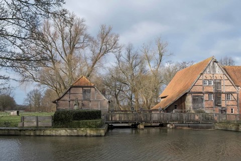 Prince-Bishop's corn water mill in Nienborg, Heek, Münsterland, North Rhine-Westphalia, Germany,