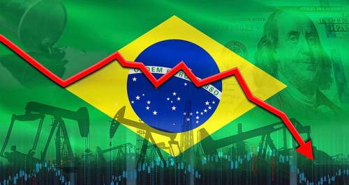 Fall oil price with flag of Brazil on economic chart. Petrol crisis with Brazil flag on financial