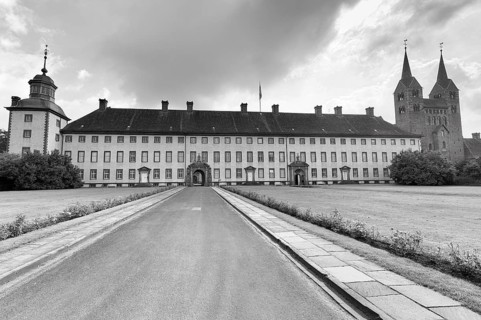 Former Corvey Abbey and Castle, The Carolingian Westwork and the Civitas Corvey, monochrome,