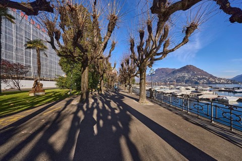 Lakeside promenade, lake, trees, shade, blue sky, Lake Lugano, street Riva Antonio Caccia, Lugano,