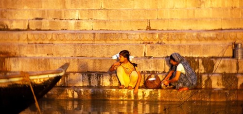 Women washing themselves in the holy water of the Ganges, Varanasi, India 1974