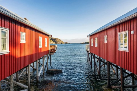 Red Rorbuer cabins, fishing village Nusfjord, Lofoten, Norway, Europe