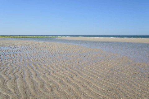 Beach at low tide with wave-like structure, current ripples in wet sand, blue sky, North Sea,