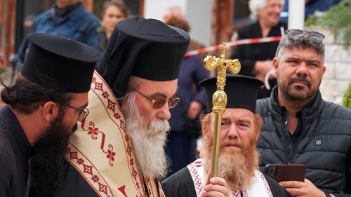 Archbishop Amphilochios, Orthodox priests during an outdoor religious ceremony, visit of the