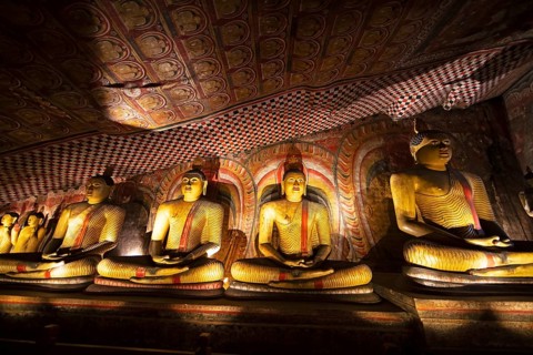 Seated Buddha statues in the Dambulla cave temple, Dambulla, Central Province, Sri Lanka, Asia
