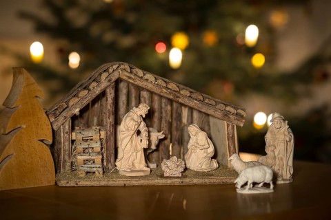 Stable with the Holy Family, shepherd and sheep come to the cot, nativity scene scene, Christmas