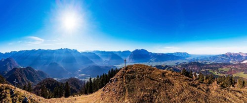 Drone shot, summit cross on Schwarzer Berg with view of the Salzach valley with Hagengebirge and