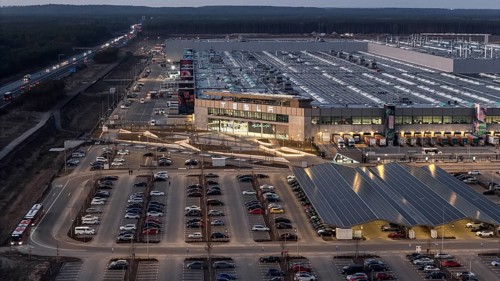 The Tesla Gigafactory at the blue hour, Grünheide, 07.03.2025, Grünheide, Brandenburg, Germany,