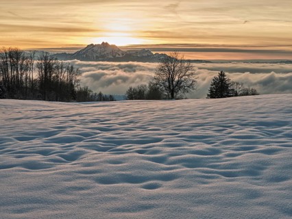 View from Zugerberg over the sea of fog in the light of the setting sun, behind the snow-covered