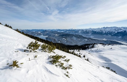 View of Walchensee at Simetsberg with mountain panorama, Estergebirge, Bavarian Prealps, Bavaria