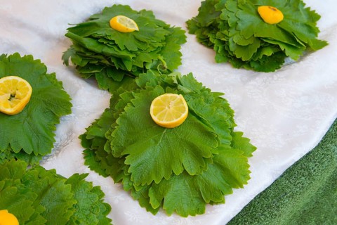 Green leaves artistically decorated with lemon halves, laid out on a table, vine leaves, market,