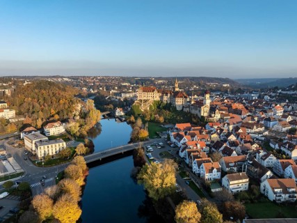 Aerial view of the town of Sigmaringen with the Hohenzollern Castle, a sight and tourist attraction