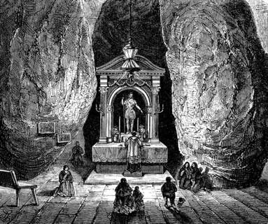 Dolmen of St Michael near Bilbao, province of Biscay, cave, rock chamber, altar, statue, light,