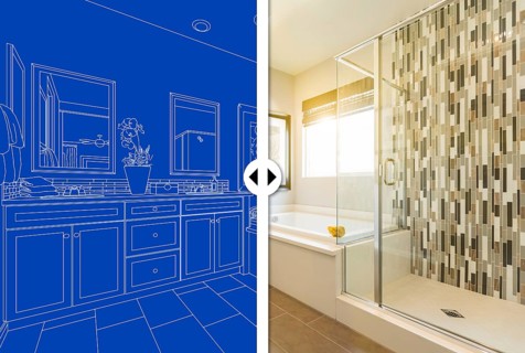 Before and after slider comparing blueprint sketch drawing plans and completed custom master