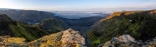 Cliffs in the evening light, Impressive landscape with mountains and glaciers, Huldujökull and