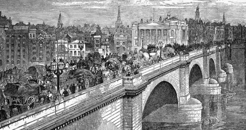 The stone London Bridge leads across the Thames to the City of London, crowds of people,