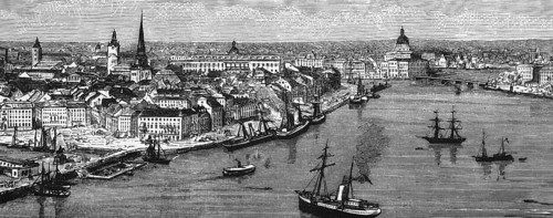 Cityscape of the Swedish capital Stockholm with harbour facilities, waterfront promenade, quay,
