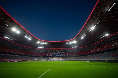 Stadium, empty, interior, illuminated, blue hour, Allianz Arena, Munich, Bavaria, Germany, Europe