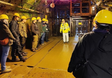 Group of visitors in front of the rope basket, Rammelsberg Ore Mine, UNESCO World Heritage Site,