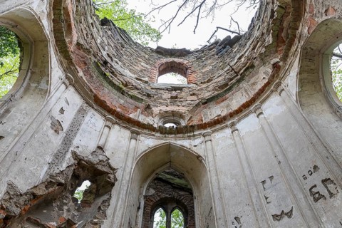 Interior view of the Schanzenturm, artificial tower ruin of the manor in the forest of the Lausker