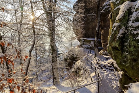 Winter magic at the Bastei, access to the Tiedge Aussicht, Saxon Switzerland, Saxony, Germany,