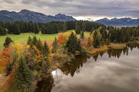 Lake Hegratsriede seen from the air, Halblech, Allgäu, Bavaria, Germany, Europe