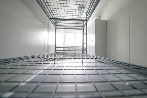 A view of a metal bunk bed in a functional, bright room, Beermiß refugee accommodation, Calmbach,