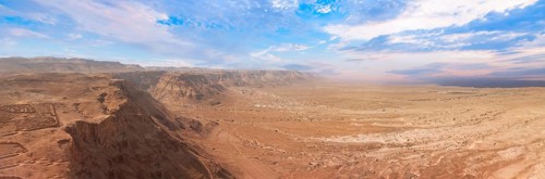Israel Panoramic views from Masada Fortress in National Park in Negev Judaean Desert near Dead Sea