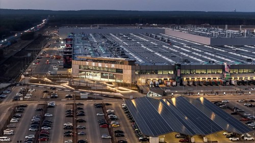 The Tesla Gigafactory at the blue hour, Grünheide, 07.03.2025, Grünheide, Brandenburg, Germany,