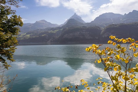 View from the north shore to the mountains in the south of Lake Walen, Amden, St. Gallen,