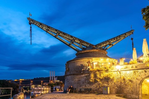 The Alter Kranen on the banks of the Main at dusk, Würzburg, Bavaria, Germany, Europe